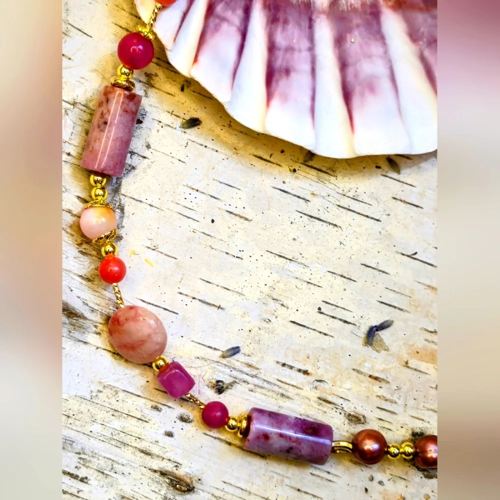 Natural Cherry Red Jade & White Baroque Pearls In Assymetrical Freeform Necklace